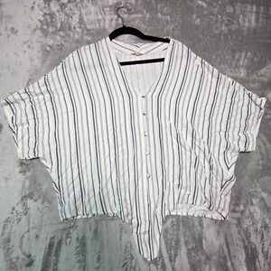 Sim & Sam Women XL Striped Button Front Tie Hem Rayon Blouse Navy White